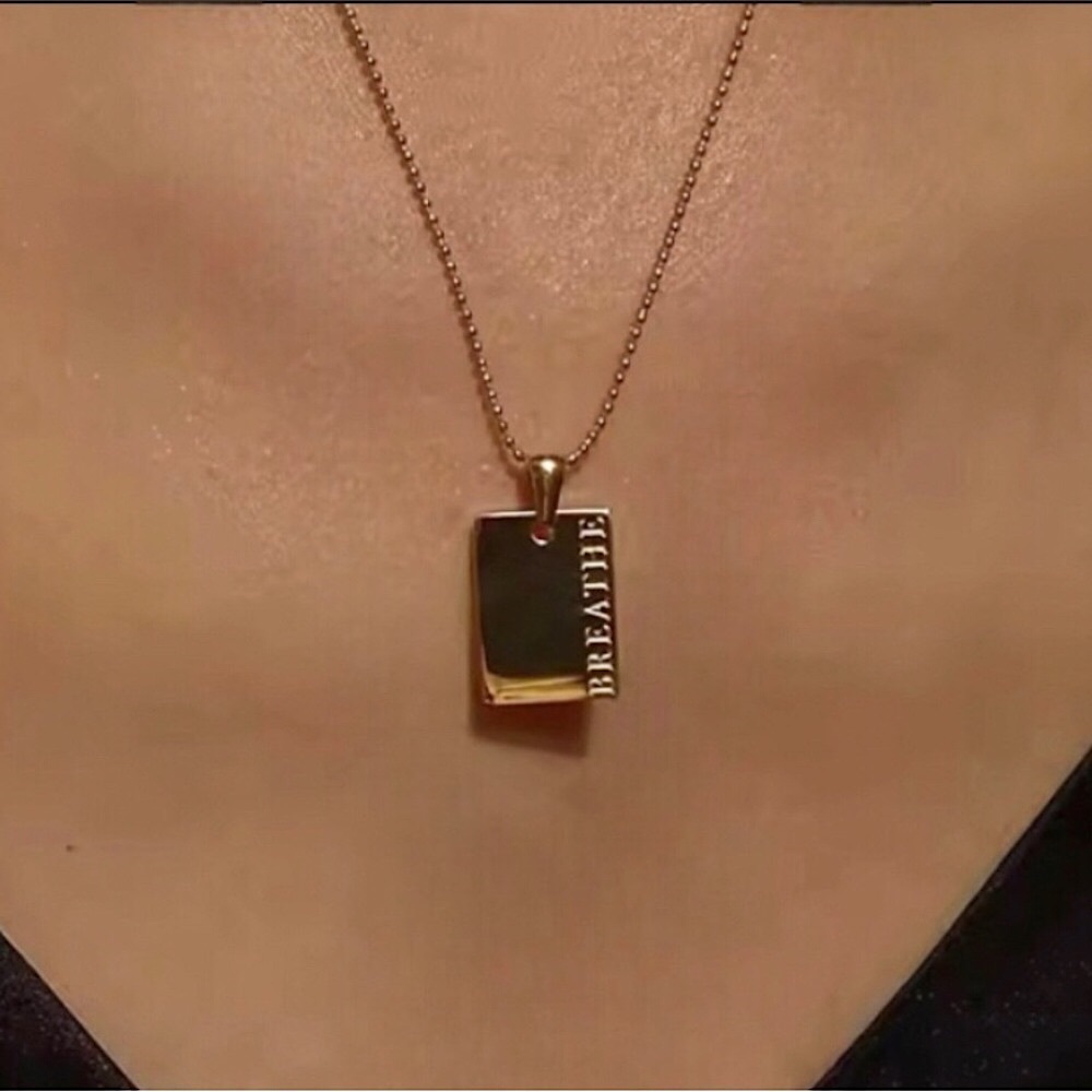 New Stainless Steel Gold Rectangle Pendant Necklace with "BREATHE" Engraving
